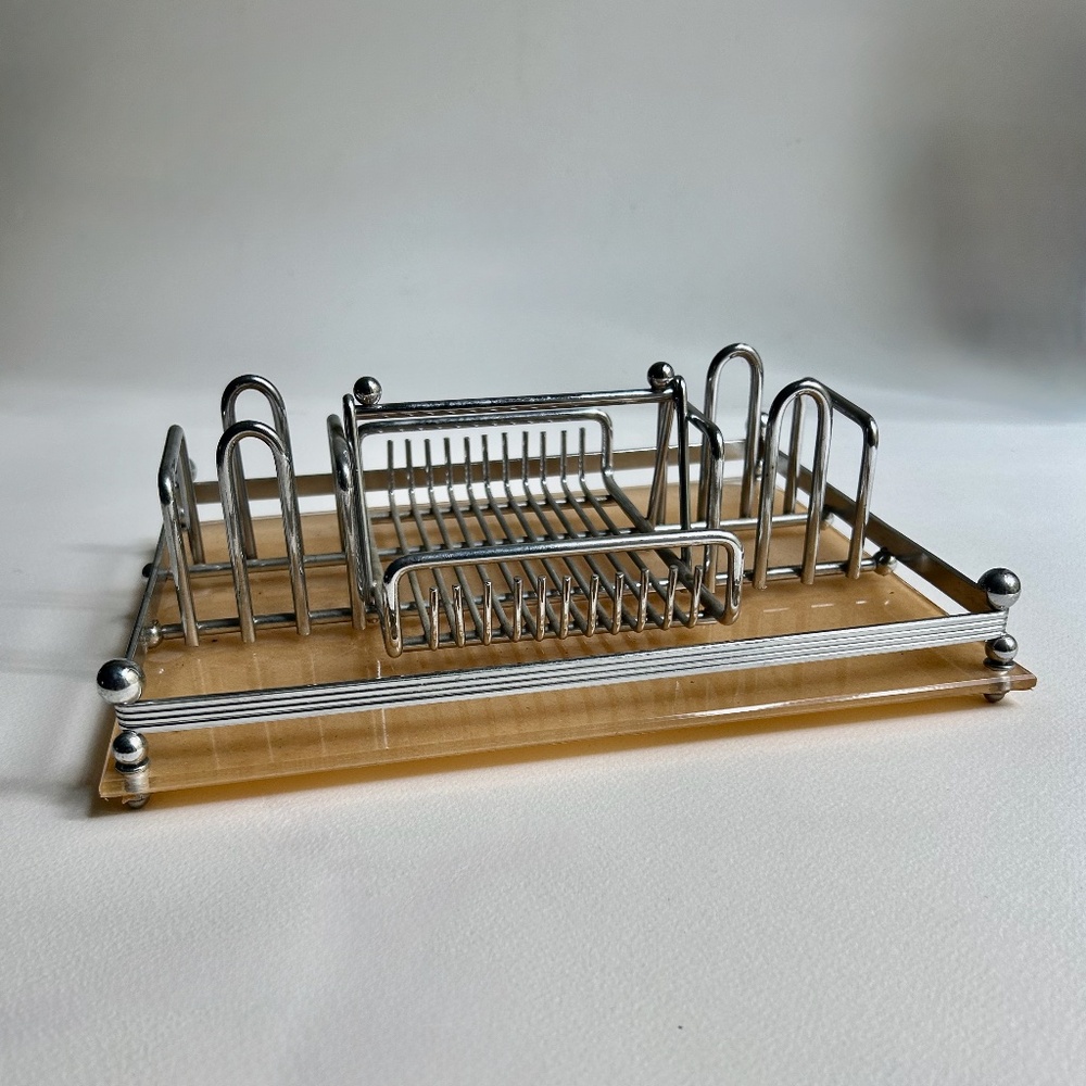 1970s Art Deco Style Oneida Silver Plate & Clear Lucite Flatware Holder